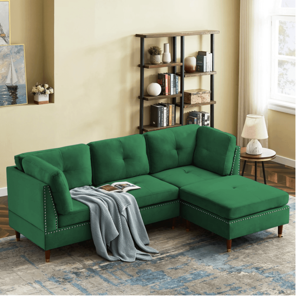 Glossy Sectional Suede Sofa Set With Ottoman