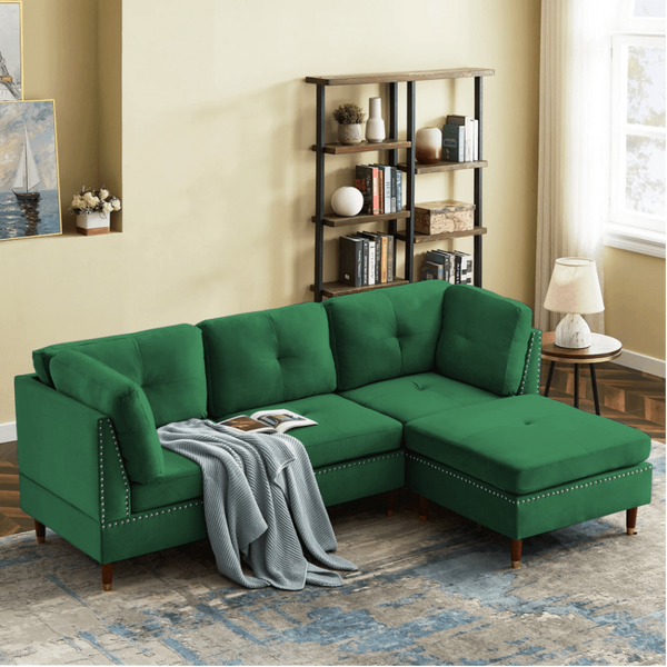 Glossy Sectional Suede Sofa Set With Ottoman - Luxe Maple