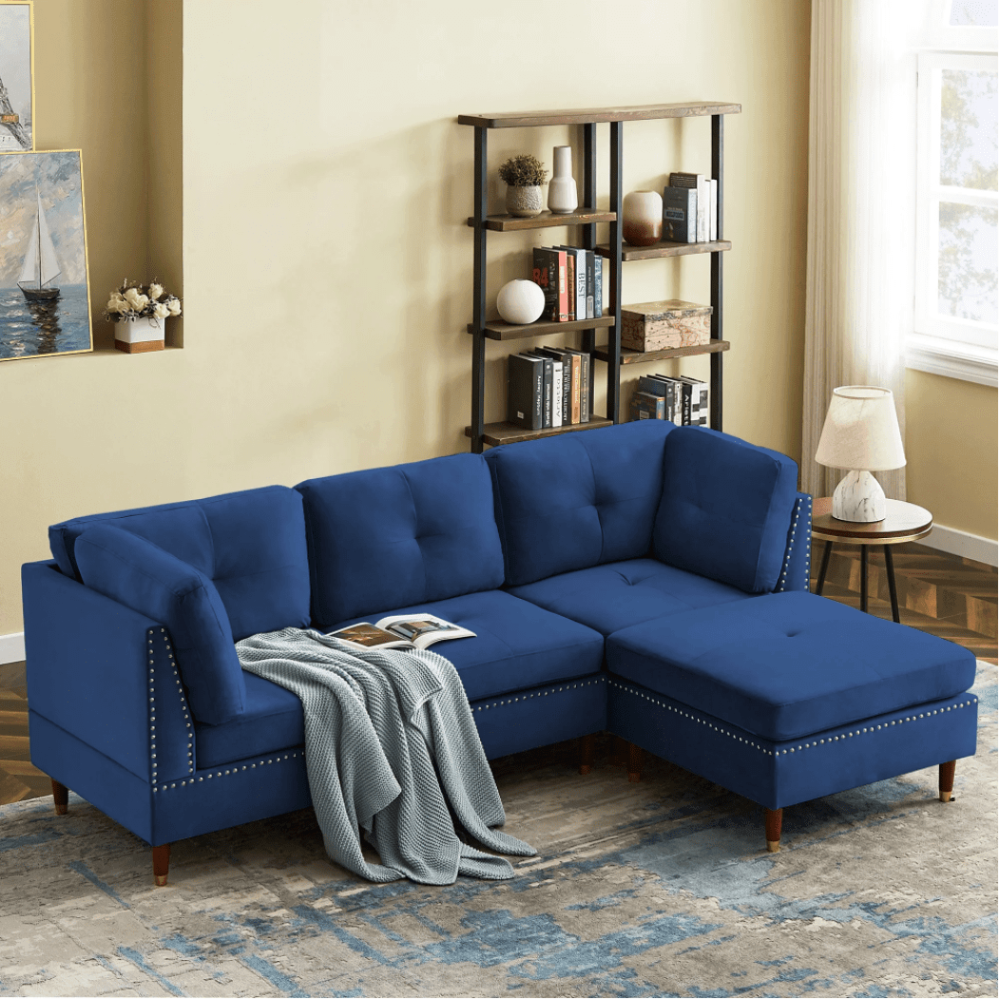 Glossy Sectional Suede Sofa Set With Ottoman