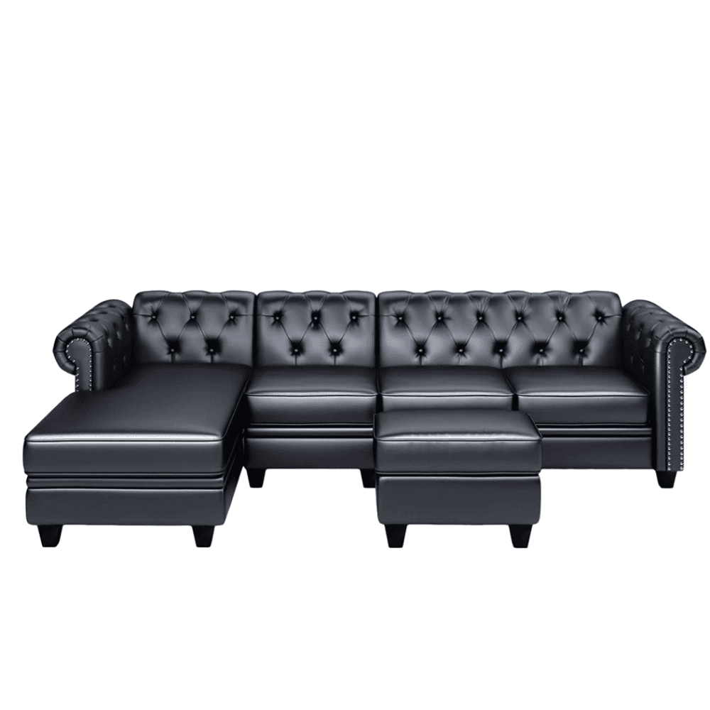 Dolcy Sectional Sofa Set in PU Leather in Black Color with Ottoman