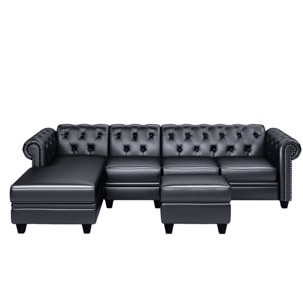 Dolcy Sectional Sofa Set in PU Leather in Black Color with Ottoman - Luxe Maple