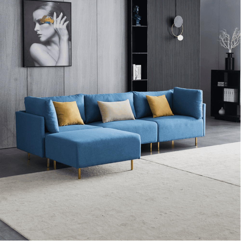 Ronaldo Sectional Sofa Set in Blue Color With Ottoman