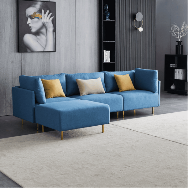 Ronaldo Sectional Sofa Set in Blue Color With Ottoman - Luxe Maple