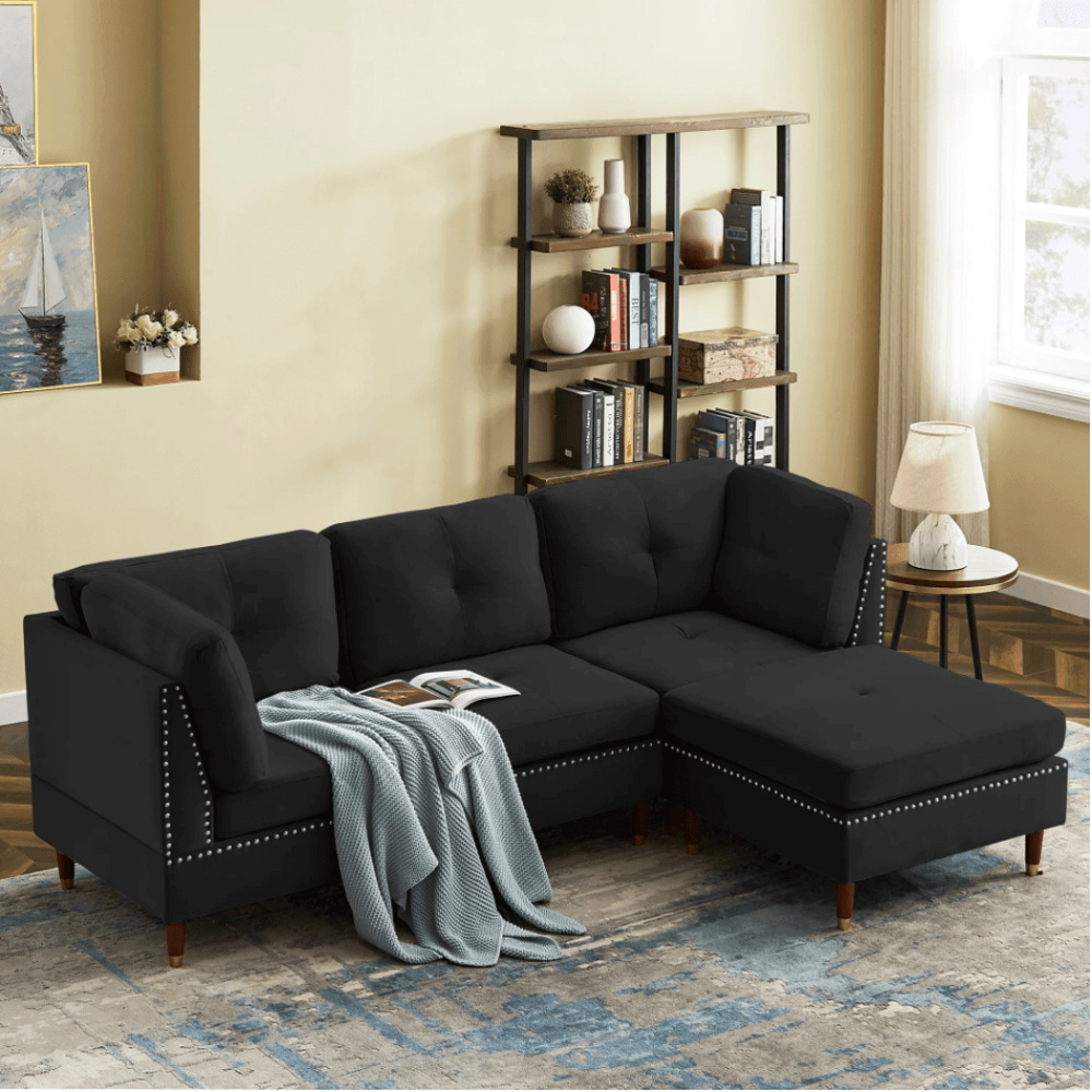 Glossy Sectional Suede Sofa Set With Ottoman