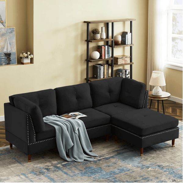 Glossy Sectional Suede Sofa Set With Ottoman - Luxe Maple