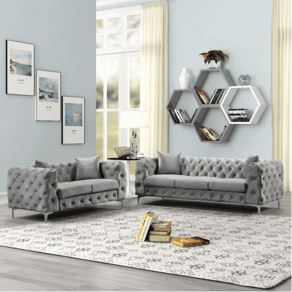 Dollo Chesterfield Suede Tufted Sofa Set Grey