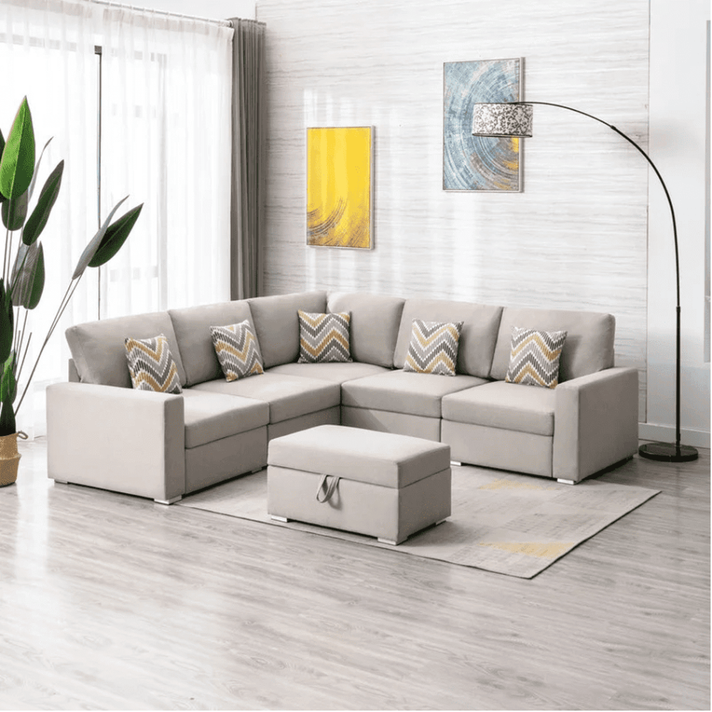 Nollon Linen Fabric Sectional Sofa with Pillows and Storage Ottoman Beige