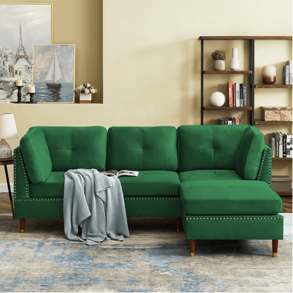 Glossy Sectional Suede Sofa Set With Ottoman - Luxe Maple