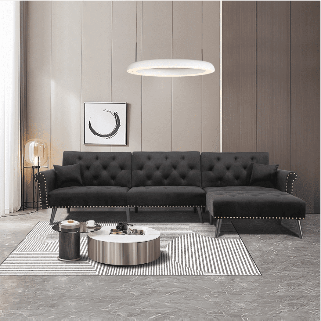 Tufted back Suede Chesterfield Sectional Sofa Black