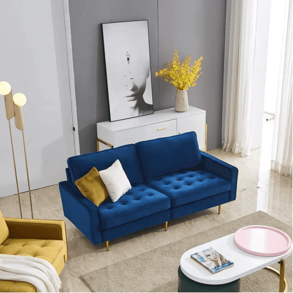 Block Down Luxury Sofa Set in Suede Blue