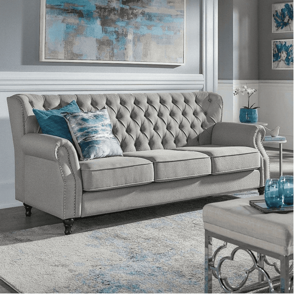 Dorothie Grey Fabric Button Tufted Sofa with Nailhead Trim - Luxe Maple