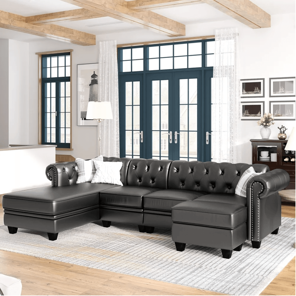 Dolcy Sectional Sofa Set in PU Leather in Black Color with Ottoman