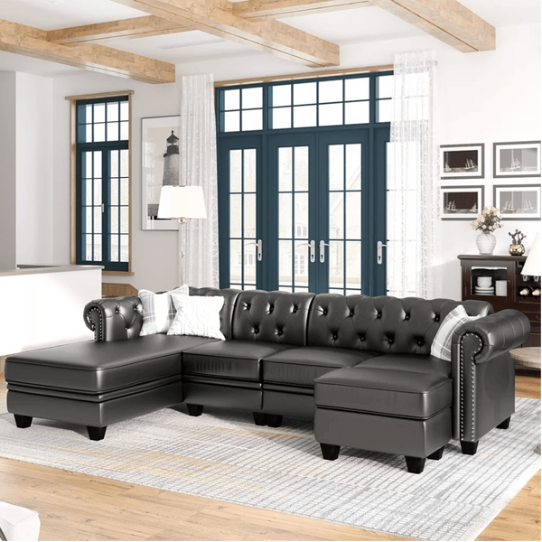 Dolcy Sectional Sofa Set in PU Leather in Black Color with Ottoman - Luxe Maple