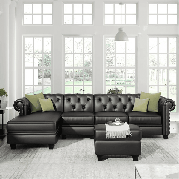 Dolcy Sectional Sofa Set in PU Leather in Black Color with Ottoman - Luxe Maple