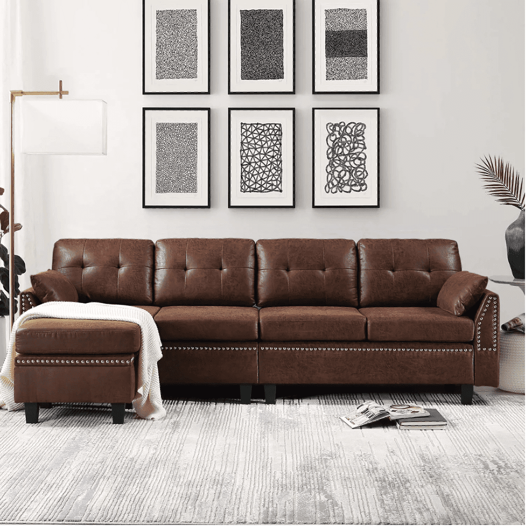 Viatol High Back Couch Mid-century Suede Leather Wood Legs Chaise Sofa