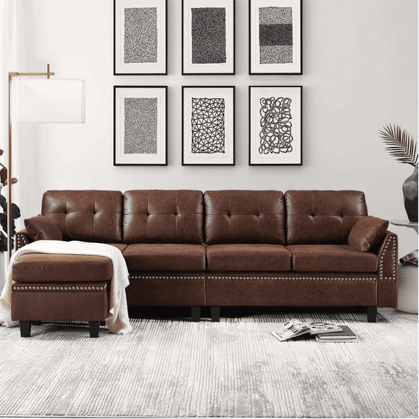 Viatol High Back Couch Mid-century Suede Leather Wood Legs Chaise Sofa - Luxe Maple