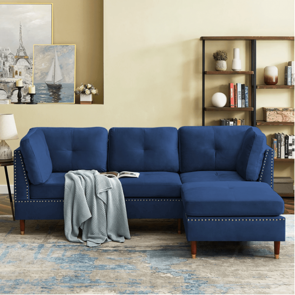 Glossy Sectional Suede Sofa Set With Ottoman Blue
