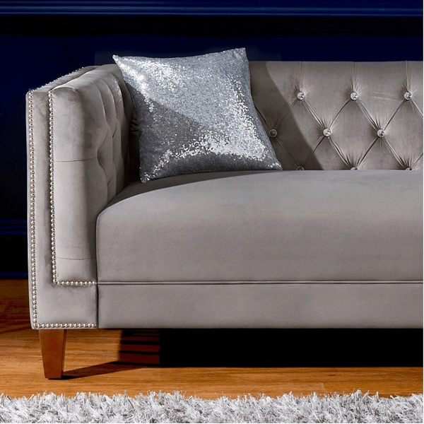 Silver Orchid Jewel-tuft Grey Suede Seating with Nailhead - Luxe Maple