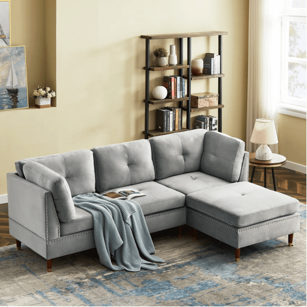 Glossy Sectional Suede Sofa Set With Ottoman