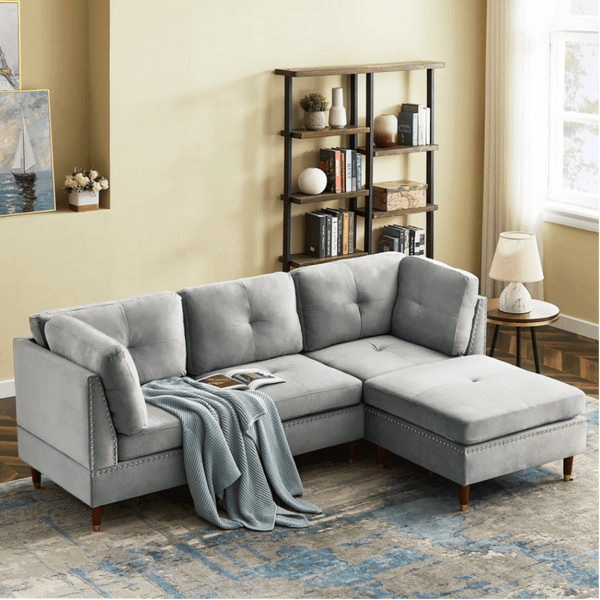 Glossy Sectional Suede Sofa Set With Ottoman - Luxe Maple
