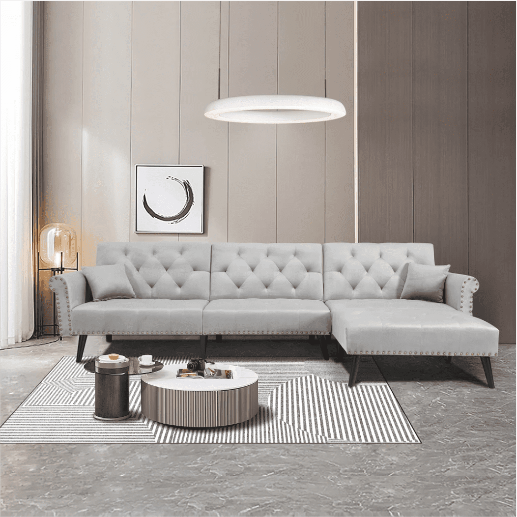Tufted back Suede Chesterfield Sectional Sofa Beige
