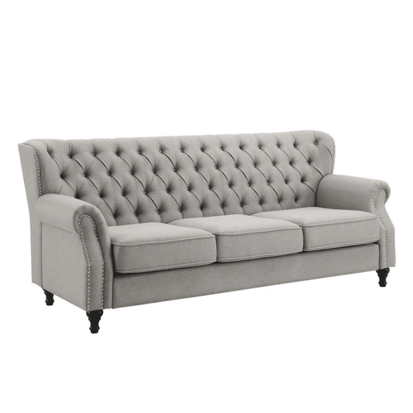 Dorothie Grey Fabric Button Tufted Sofa with Nailhead Trim - Luxe Maple