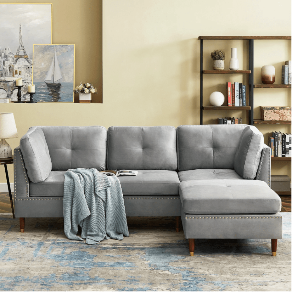 Glossy Sectional Suede Sofa Set With Ottoman Grey