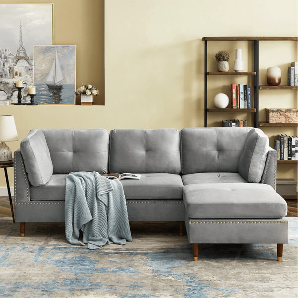 Glossy Sectional Suede Sofa Set With Ottoman - Luxe Maple