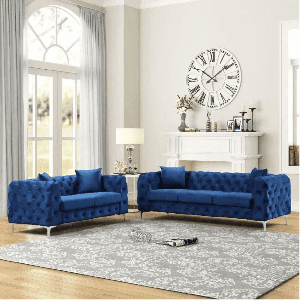 Dollo Chesterfield Suede Tufted Sofa Set Blue