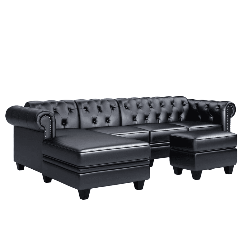 Dolcy Sectional Sofa Set in PU Leather in Black Color with Ottoman