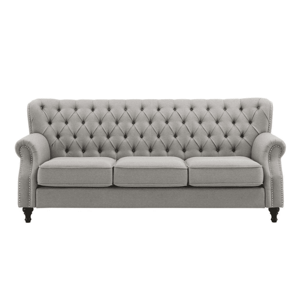 Dorothie Grey Fabric Button Tufted Sofa with Nailhead Trim - Luxe Maple