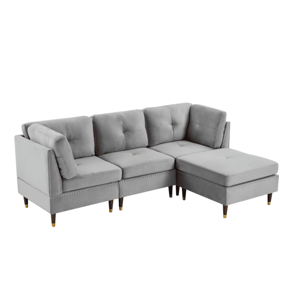 Glossy Sectional Suede Sofa Set With Ottoman