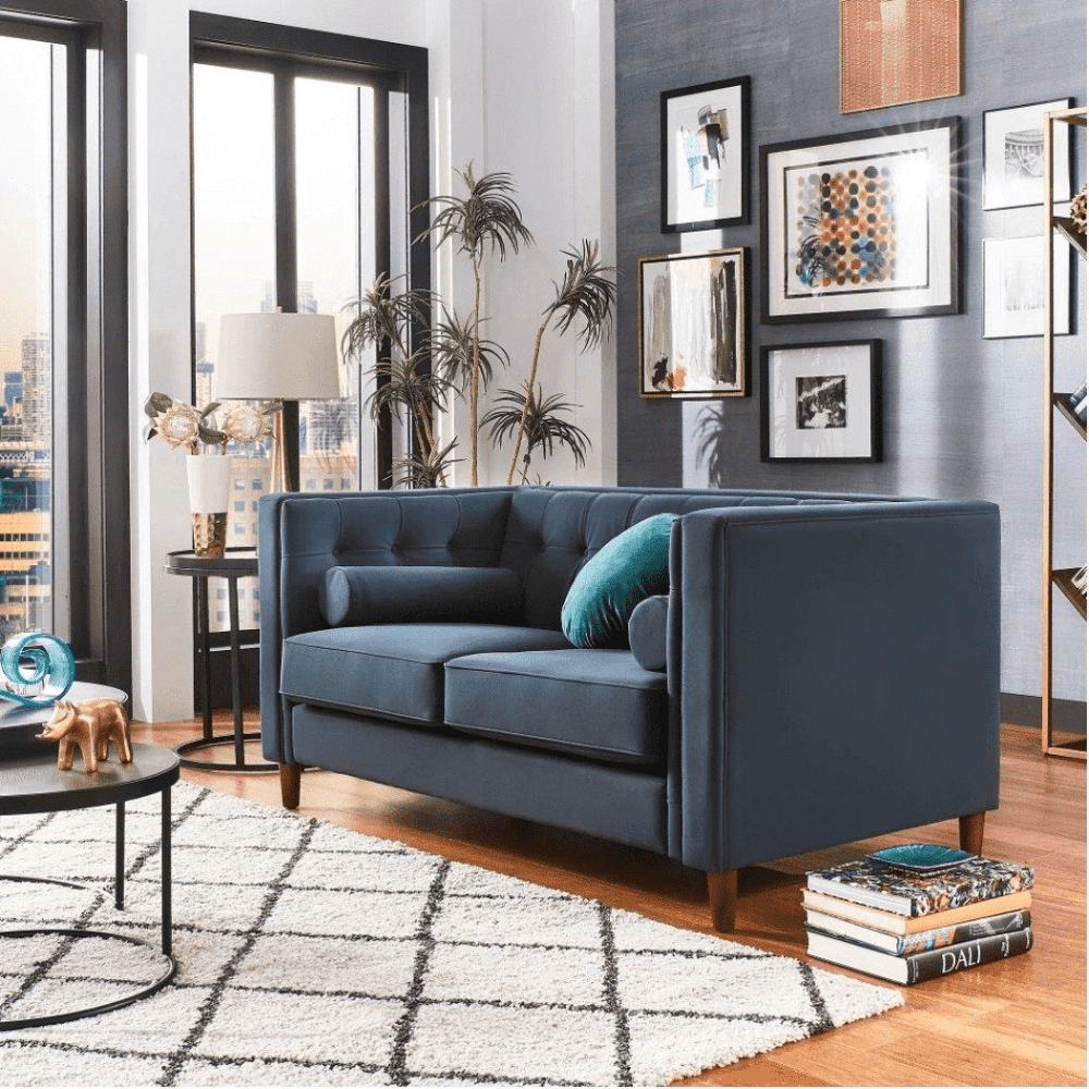 Brew Tuxedo Faux Leatherette Sofa with Accent Pillows 2 Seater Blue