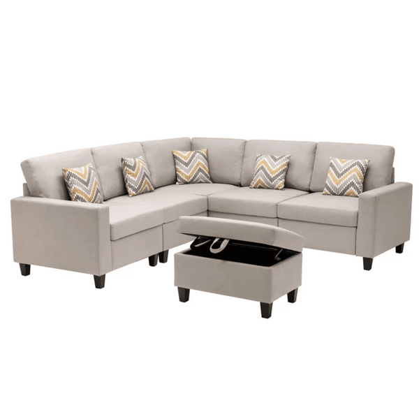 Nollon Linen Fabric Sectional Sofa with Pillows and Storage Ottoman - Luxe Maple