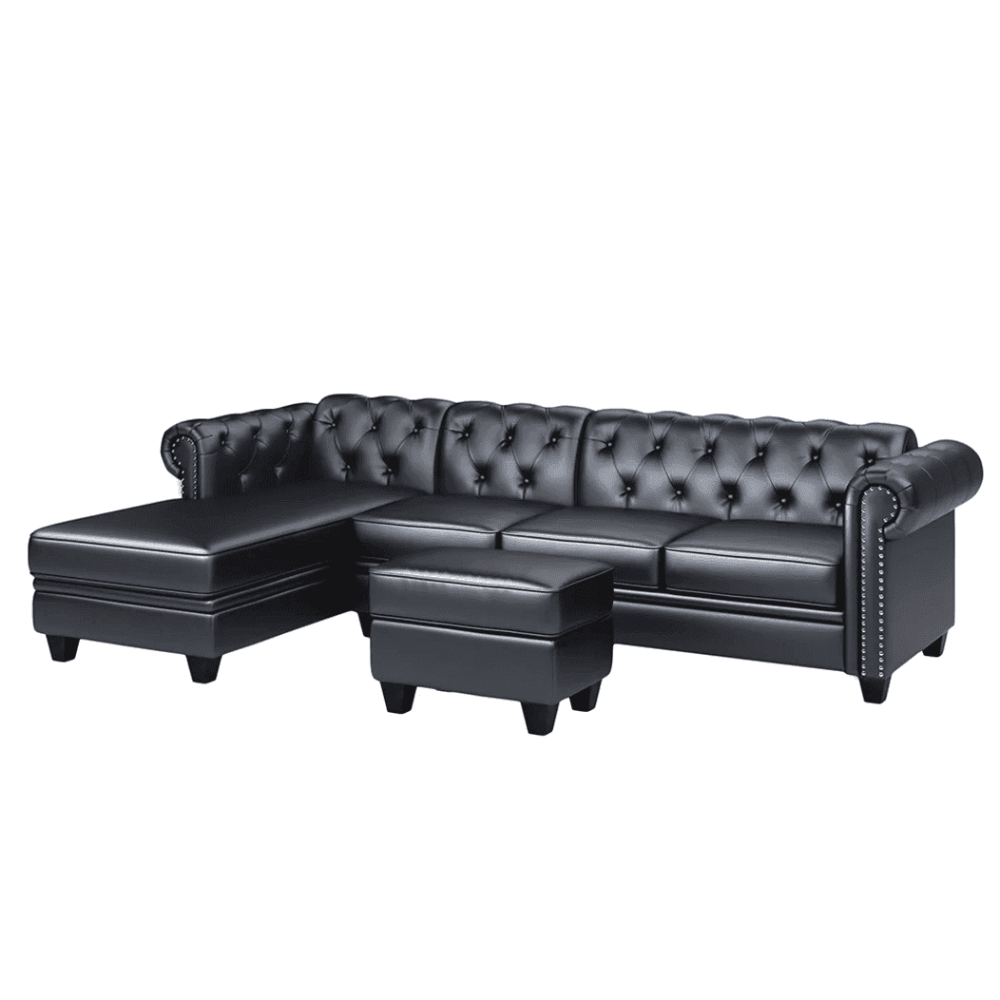 Dolcy Sectional Sofa Set in PU Leather in Black Color with Ottoman