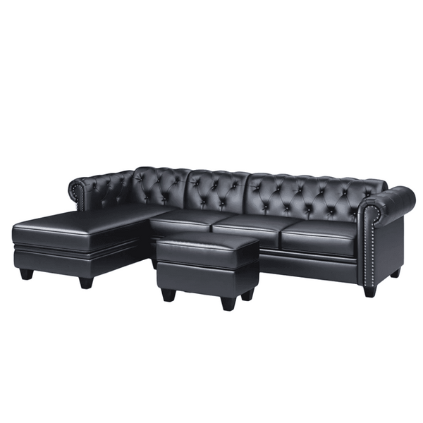 Dolcy Sectional Sofa Set in PU Leather in Black Color with Ottoman - Luxe Maple