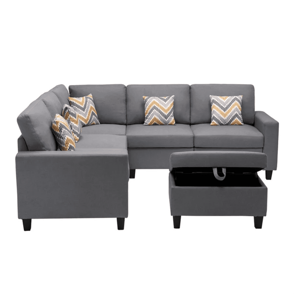 Nollon Linen Fabric Sectional Sofa with Pillows and Storage Ottoman - Luxe Maple