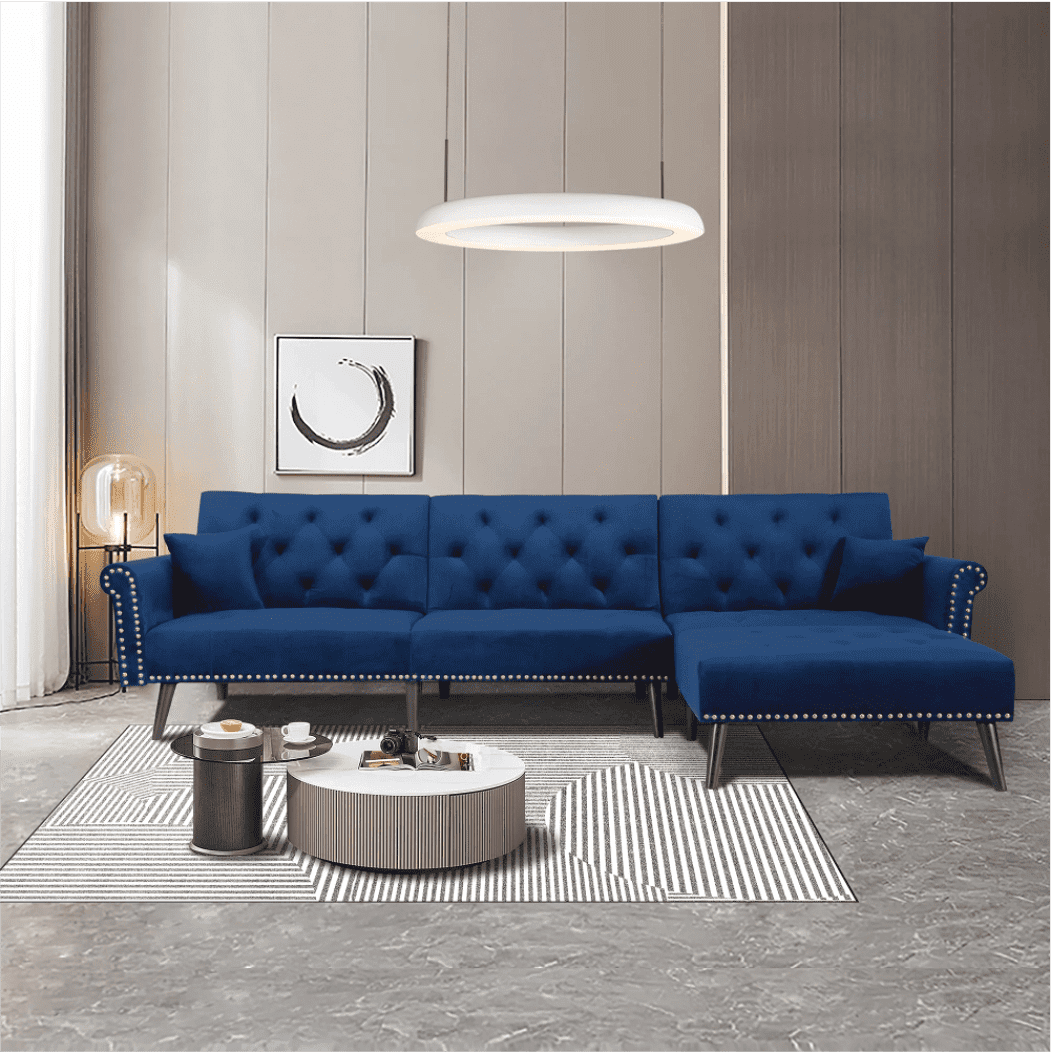 Tufted back Suede Chesterfield Sectional Sofa Blue