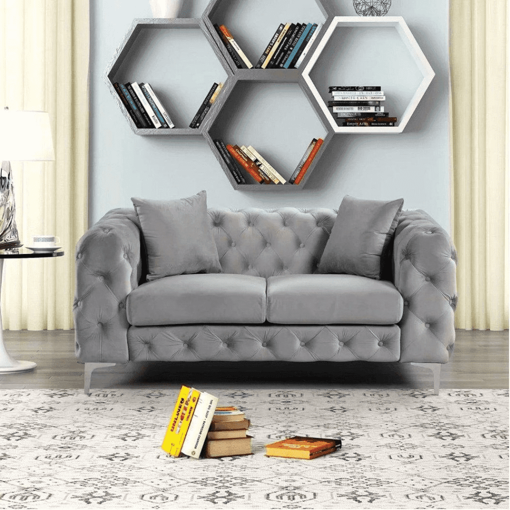 Dollo Chesterfield Suede Tufted Sofa Set 2 Seater Grey