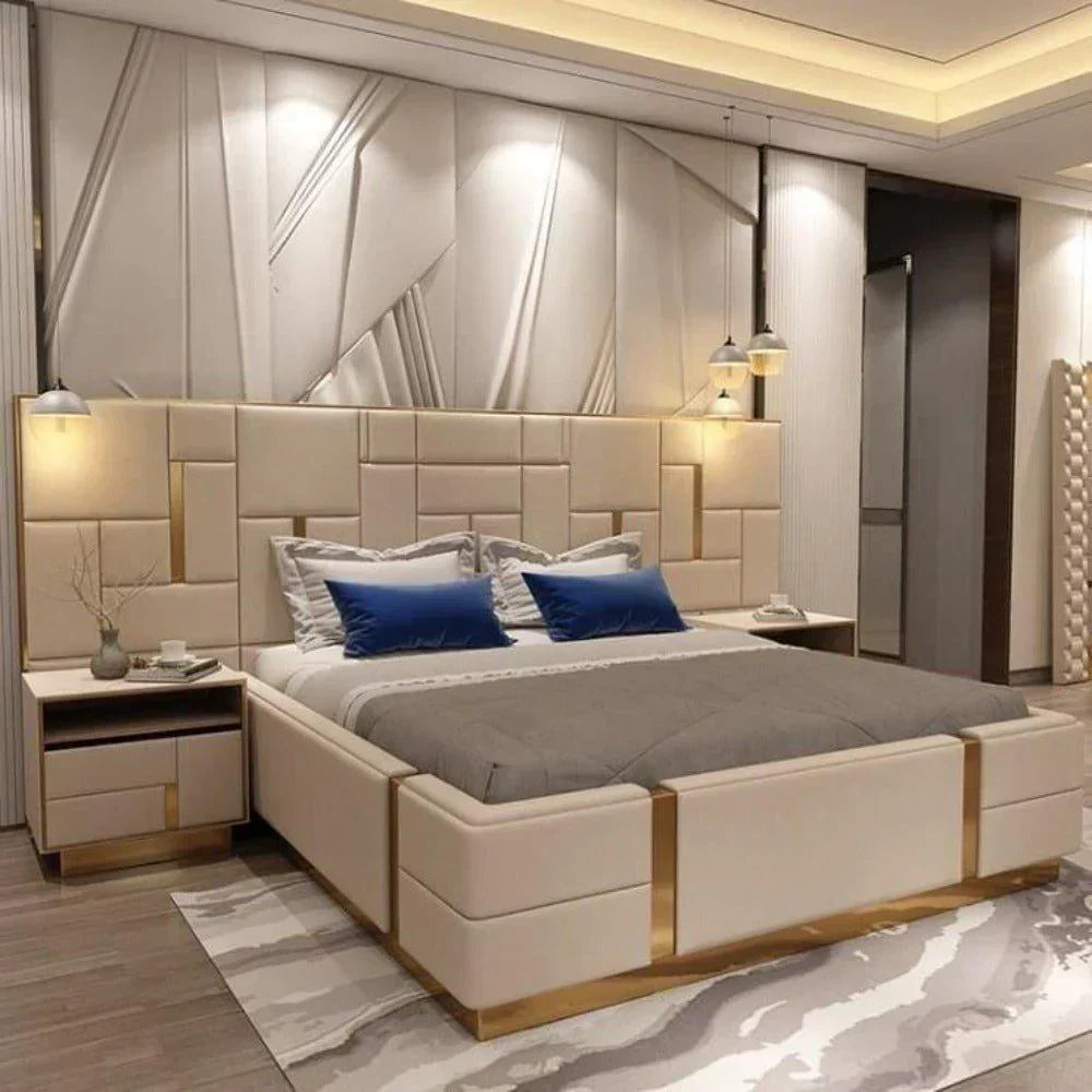 Dollar Luxury Upholstered Bed With Side Tables in Leatherette King Pro