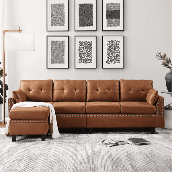 Viatol High Back Couch Mid-century Suede Leather Wood Legs Chaise Sofa - Luxe Maple