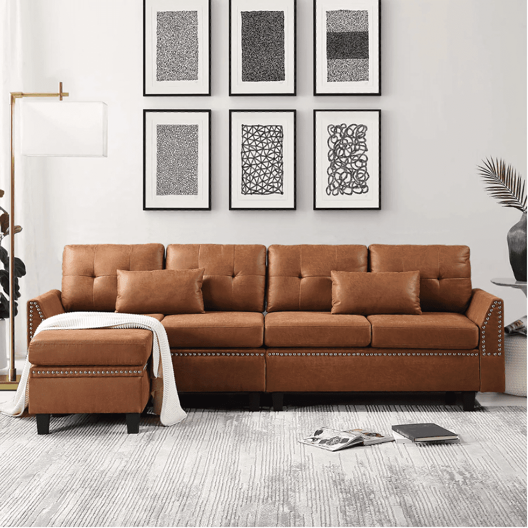 Viatol High Back Couch Mid-century Suede Leather Wood Legs Chaise Sofa Tan