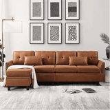 Viatol High Back Couch Mid-century Suede Leather Wood Legs Chaise Sofa Tan