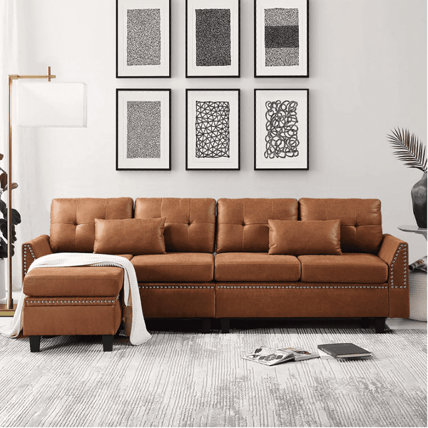 Viatol High Back Couch Mid-century Suede Leather Wood Legs Chaise Sofa - Luxe Maple