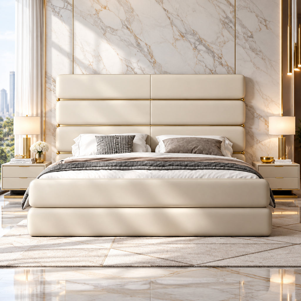 Becton Luxury Upholstered Bed in Leatherette | Premium Bed - Luxe Maple