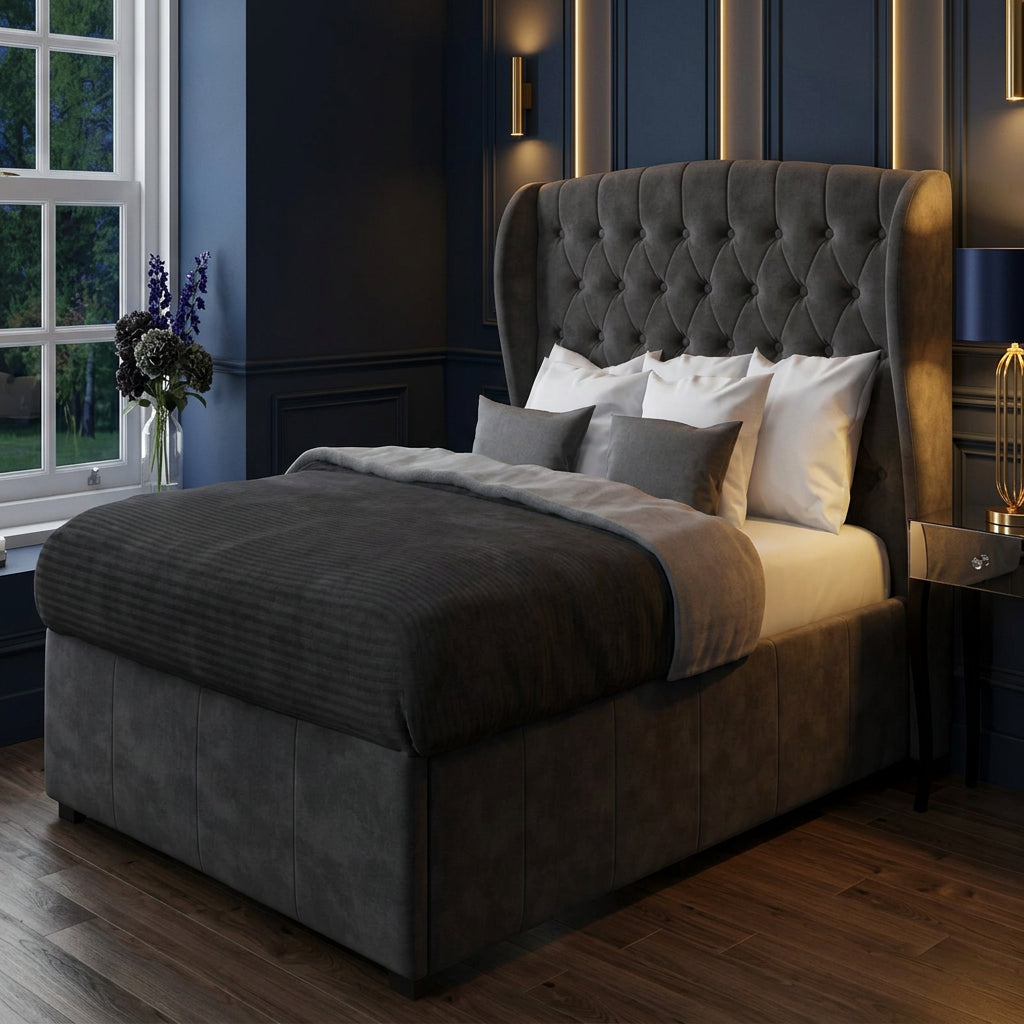 Boombox Luxury Upholstered Bed in Suede | Modern Luxury Bed - Luxe Maple