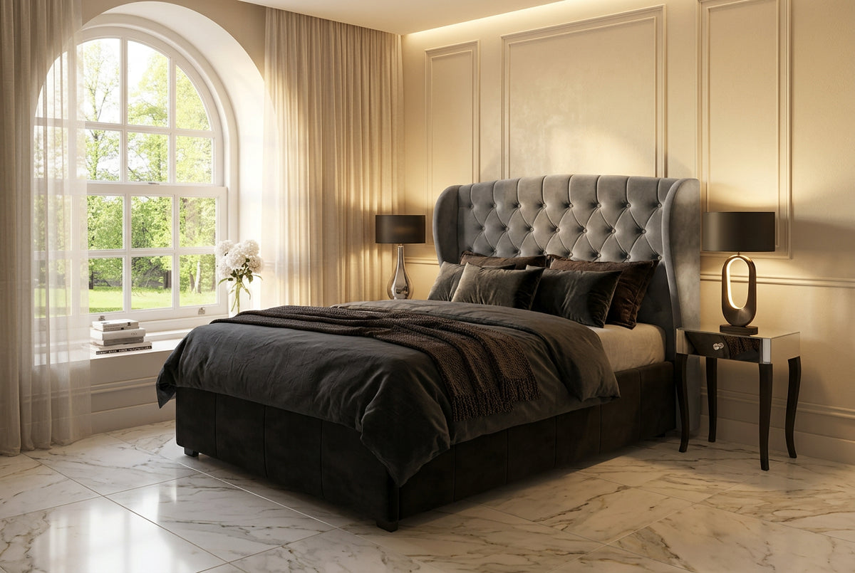 Boombox Luxury Upholstered Bed in Suede | Modern Luxury Bed - Luxe Maple