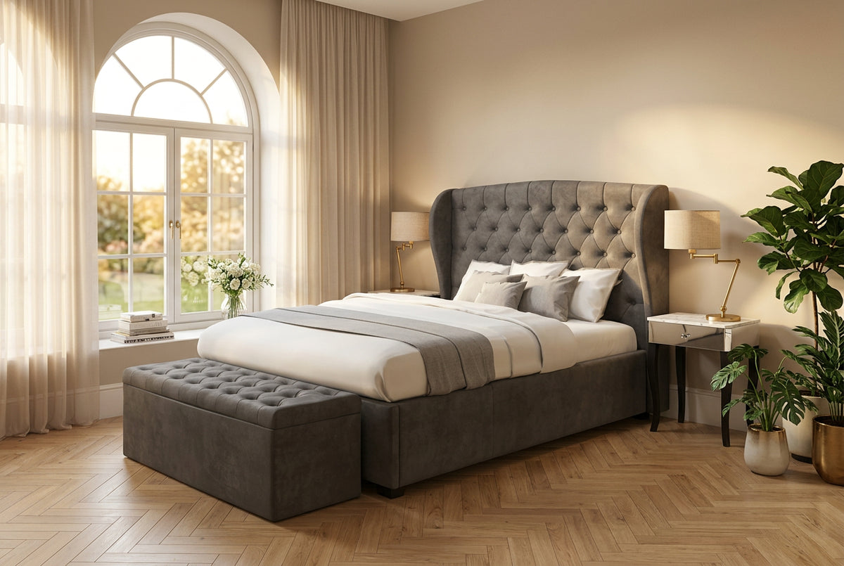 Boombox Luxury Upholstered Bed in Suede | Modern Luxury Bed - Luxe Maple