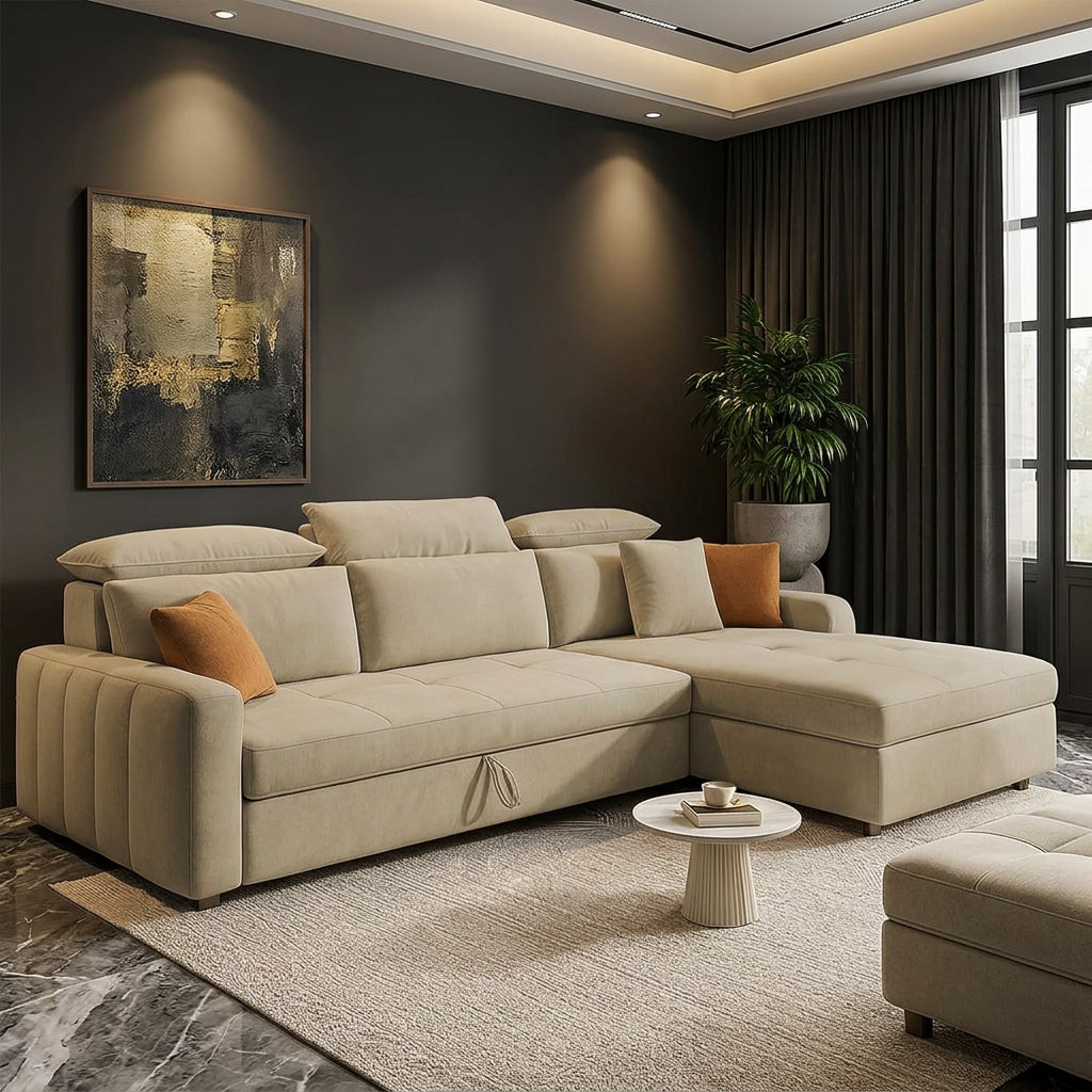 A modern beige sectional sofa with a chaise lounge in a bright, contemporary living room. The sofa features tufted cushions, a low back, and is styled with a single orange accent pillow.