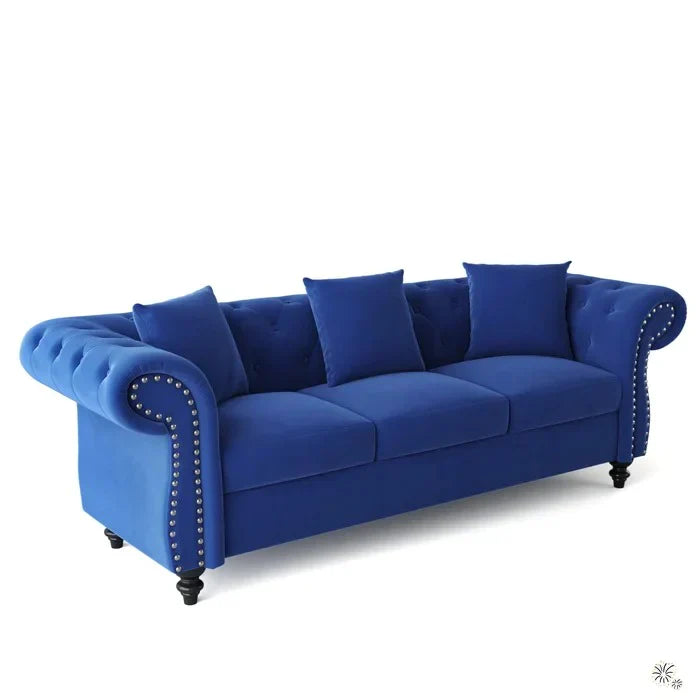 Rolled Arm Luxury Chesterfield Sofa Set in Suede Blue